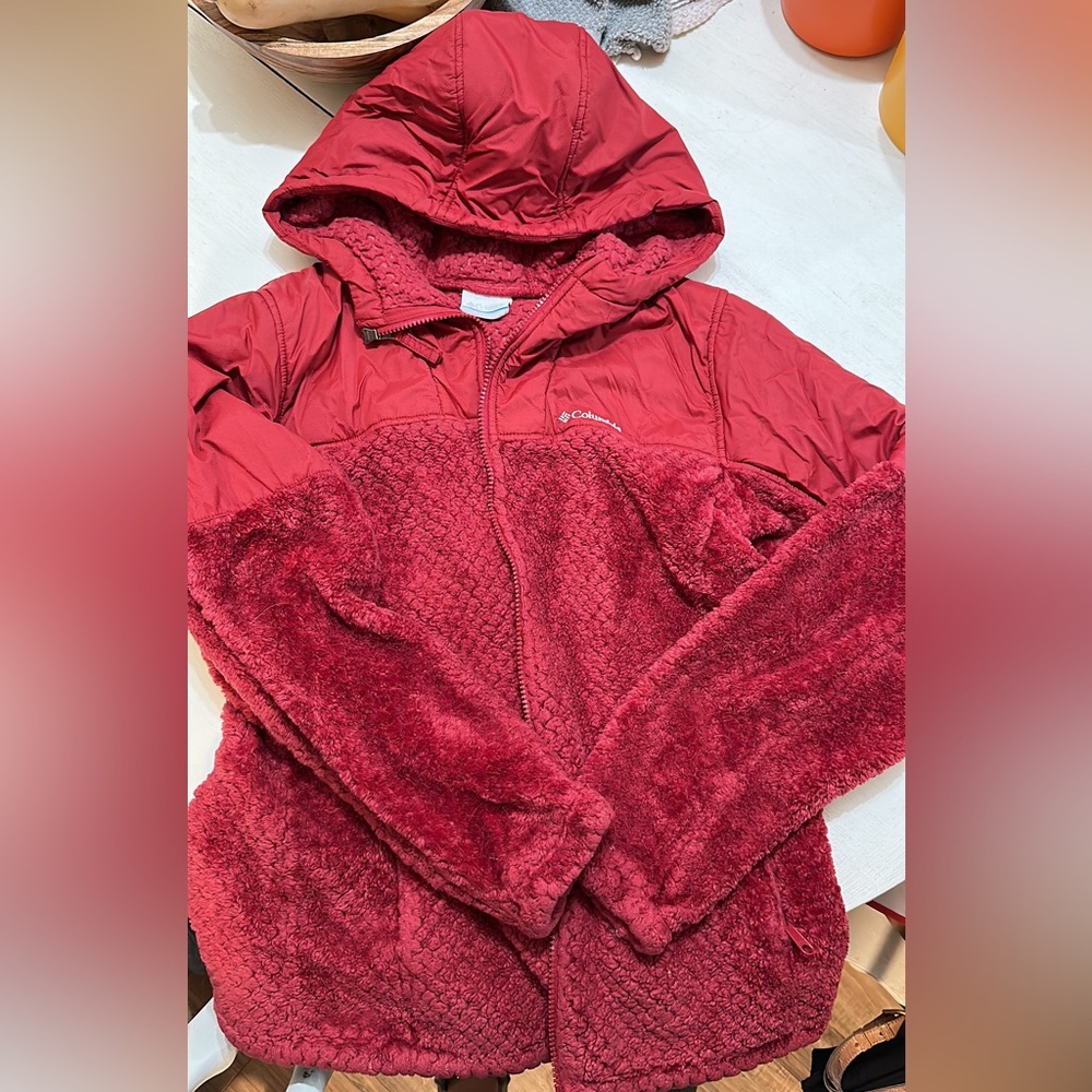 Hooded red fuzzy Columbia jacket